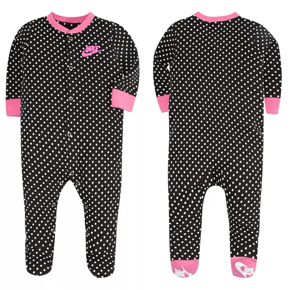 Nike Black & Pink Polka Dot Snap Closure Cotton Footie Pajamas Size 6M